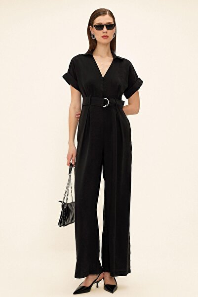 Olcay Short Sleeve Belt Detailed Modal Jumpsuit Black 9342