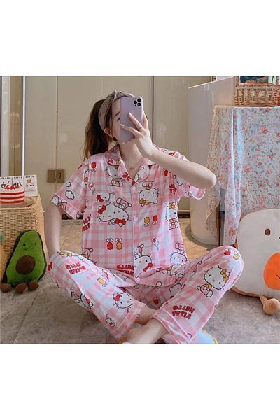 MEYLİYA Women's Short Sleeve Button Shirt Pajamas Set Hellokity Pink