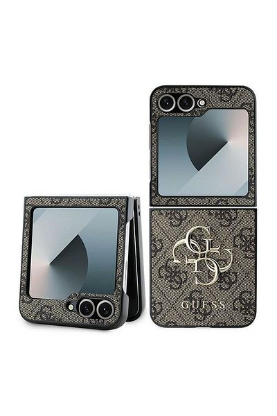 REDz Accessories Husă Guess pentru Samsung Galaxy Z Flip 6, Model 4G, piele, logo metalic, maro