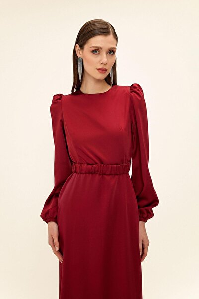 Olcay Összegyűjtött öv részletes szatén hidzsáb estélyi ruha BORDO 1679