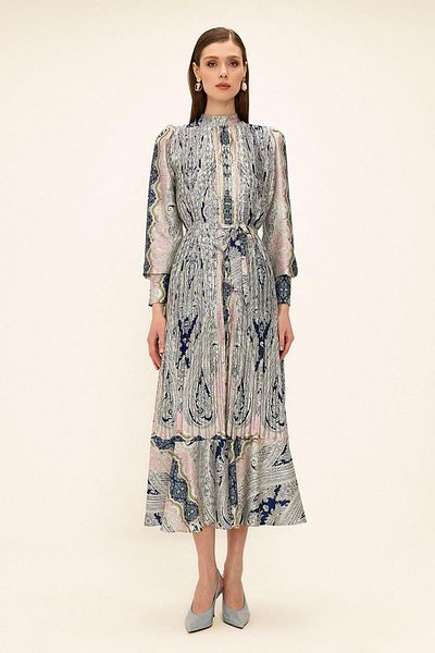 Olcay Rochie subțire din satin cu model șal plisat ALBASTRU ÎNCHIS 9343-E