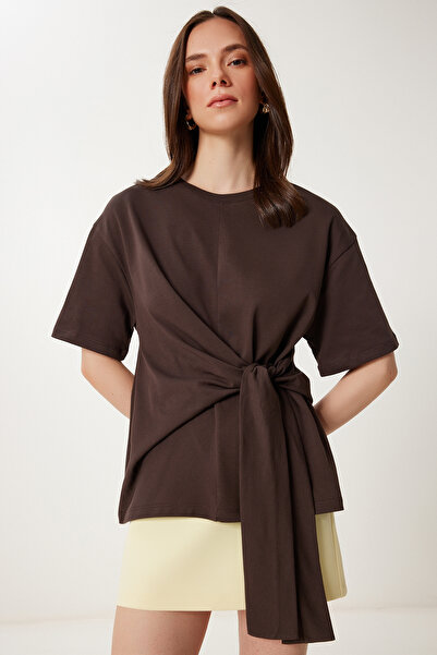 Lovelyİstanbul Side Tie Detailed Cotton T-Shirt Brown Lub0110