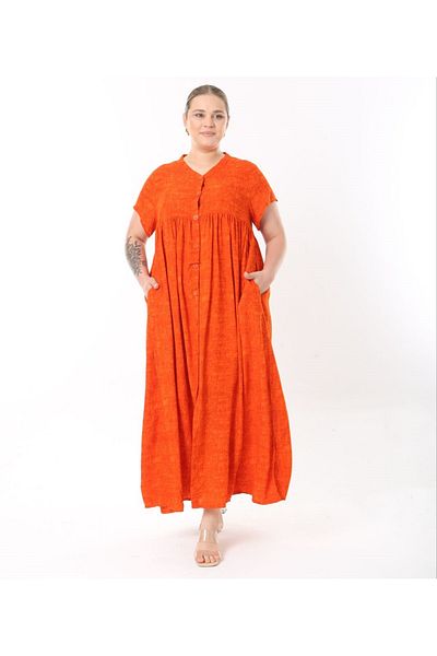 Şans Women Plus Size Orange, Woven Viscose Long Dress with Oversize Buttons Side Slit Pockets 65N38734