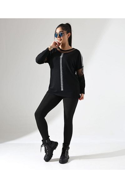 Elaxi Tulle and Stone Detailed Wide Fit Blouse