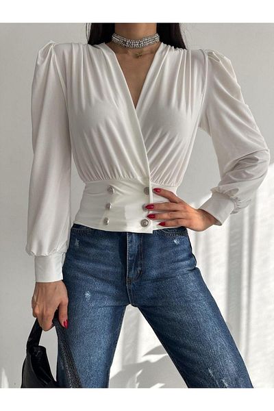 Elaxi Waist Buttoned Double Breasted Collar Vanezia Long Sleeve Blouse White