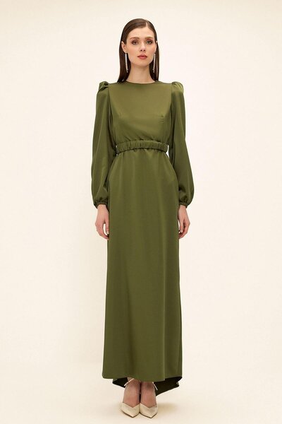 Olcay Βραδινό φόρεμα Hijab Satin με λεπτομέρεια ζώνης - Ανοιχτό πράσινο