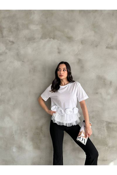 LE CARAMBOLE Women's White T-Shirt with Tulle and Rose Detail