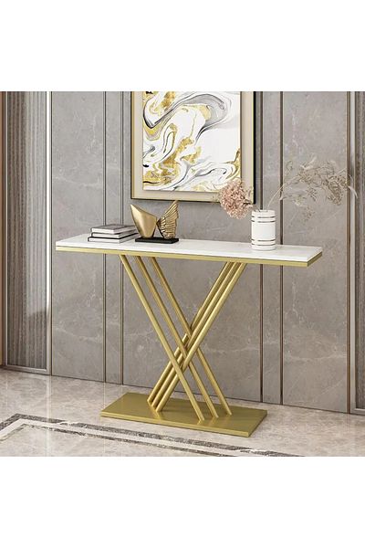 Generic Metal and wood marble console, 120x40x90 cm - gold