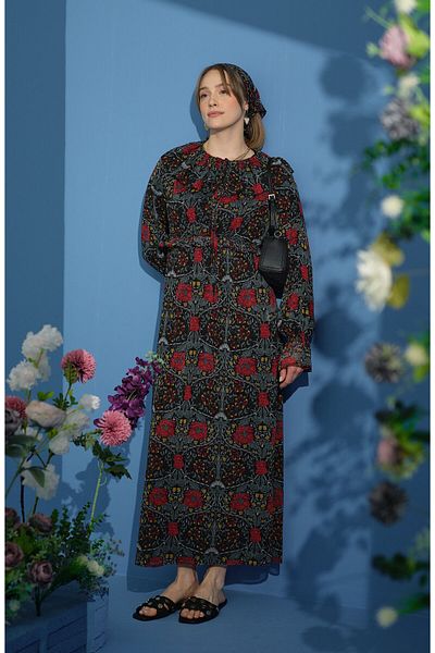 Fatma Atasoy Ruffle Collar Floral Chiffon Red Dress