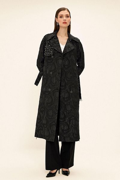 Olcay Zippered Cape with Stone Detail on the Sides Lined Glitter Jacquard Trench Coat Black 6725