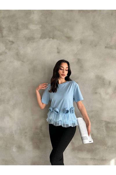LE CARAMBOLE Women's Blue T-Shirt with Tulle Hem and Rose Detail