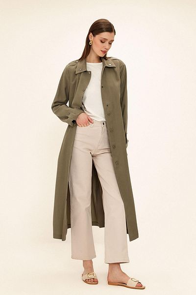 Olcay Unlined Modal Trench Coat with Contrast Stitching Detail Khaki 6717
