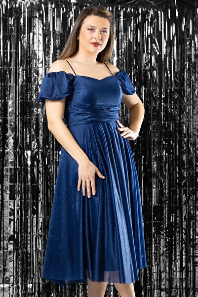 DENİMİNİ Askılı Midi Boy Parıltılı Tül Abiye Elbise DNM376