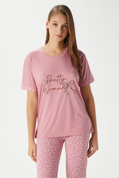 Ritnice Women's Pretty Woman Viscose Crew Neck Short Sleeve Pink Bottom Top Pajamas Set