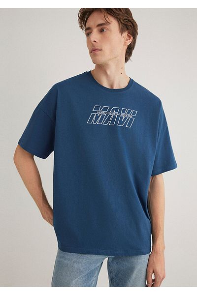 Mavi Bedrucktes marineblaues T-Shirt in Übergröße / Weit geschnitten 0611827 -89287