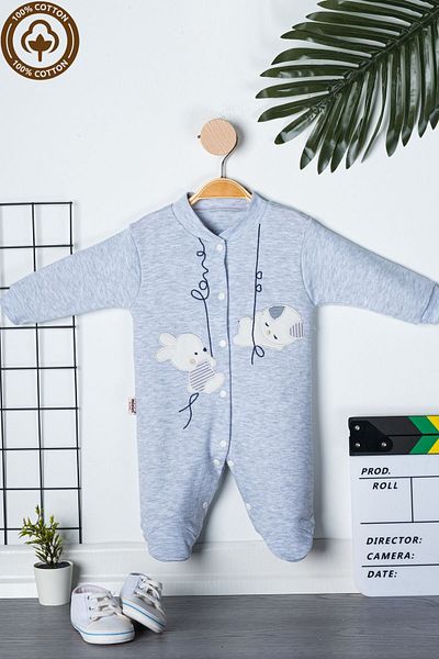 Miniel 3-6-9 Months Unisex Baby Rabbit Embroidered Organic Cotton Jumpsuit with Booties
