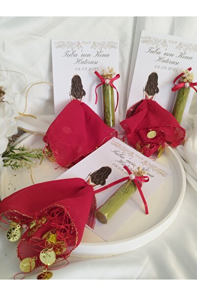 LADYBİRDTASARIM Kişiye Özel Kartlı Kırmızı Halay mendili cam tüp içinde kına ...