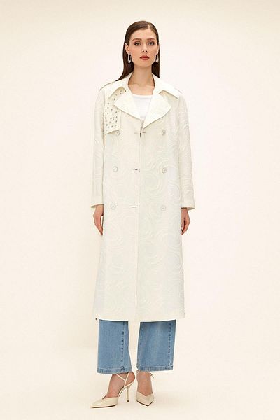 Olcay Boční zip Cape Stone Detailní podšitý třpytivý žakárový trenčkot EKRU 6725