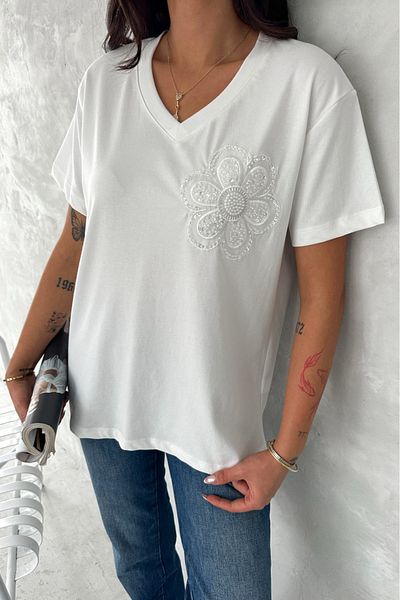 FEMELLE Tricou alb pentru femei, cu decolteu în V, cu paiete florale și cusut cu piatră, 100% bumbac