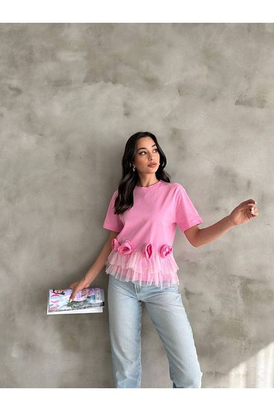 LE CARAMBOLE Women's Pink T-Shirt with Tulle Hem and Rose Detail