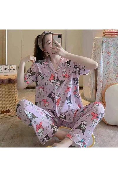 MEYLİYA Women's Short Sleeve Button Shirt Pajamas Set Kuromi Model