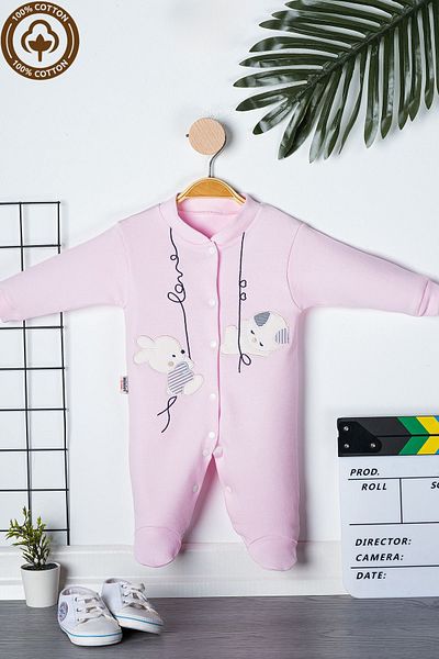 Miniel 3-6-9 Months Unisex Baby Rabbit Embroidered Organic Cotton Jumpsuit with Booties