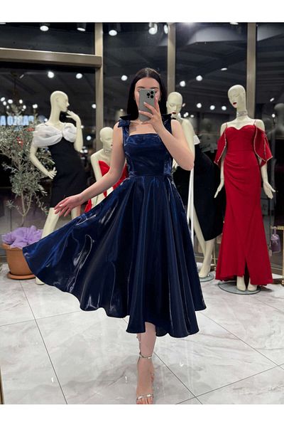 missswans Lilit Strap Bow Detailed Low Back Midi Length Shiny Evening Dress Navy Blue