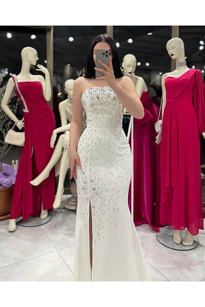 missswans Βραδινό φόρεμα Stefani Strapless Long Length Stone Κεντημένο Λευκό