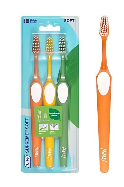 TePe Tepe Supreme Soft Bristles Toothbrush, Tapered Head for Sensitive Teeth and Gums, 3 Pack
