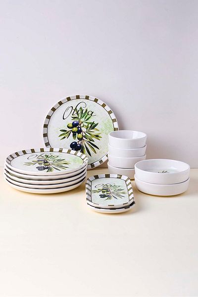 Perotti Olives 14 Piece Ceramic Breakfast Set for 6 People