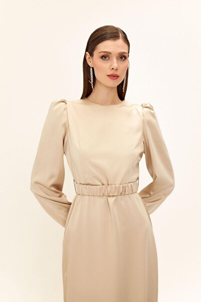 Olcay Büzgülü Kemer Detaylı Saten Tesettür Abiye Elbise BEJ 1679