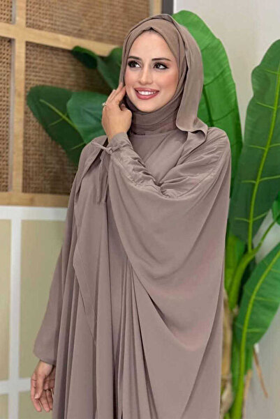Bym Fashion Kapüşonlu Abaya ve Elbise İkili Takım 70013 Vizon