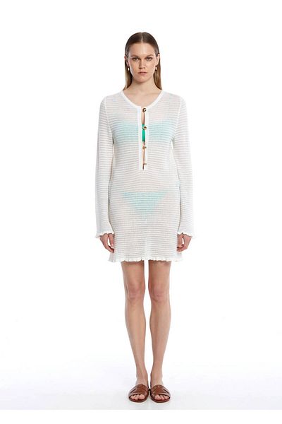 Knitss Button Closure White Mini Knitwear Dress