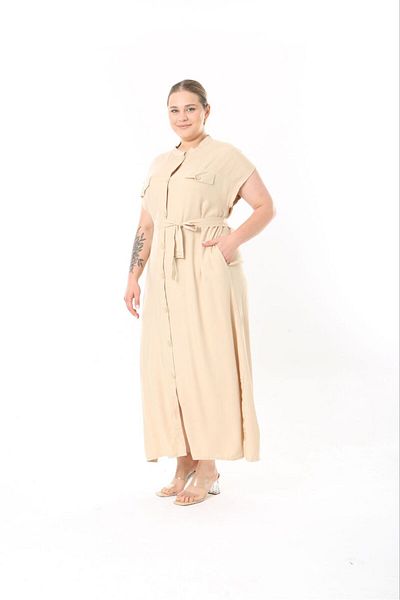 Şans Women's Plus Size Beige, Front Length Button, Belted Long Dress 65N38956