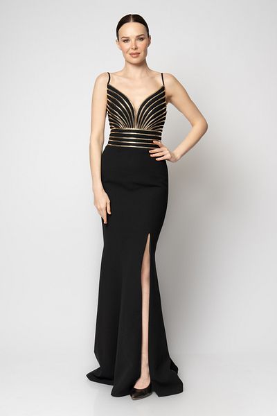 RENGIN Roba Patent Leather Piping Thin Straps Crepe Evening Dress