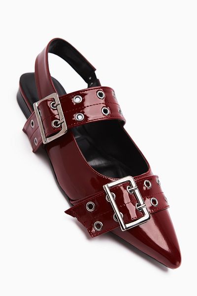 Limoya Davin Burgundy Patent Leather Belted Pointed Toe Women's Sandals