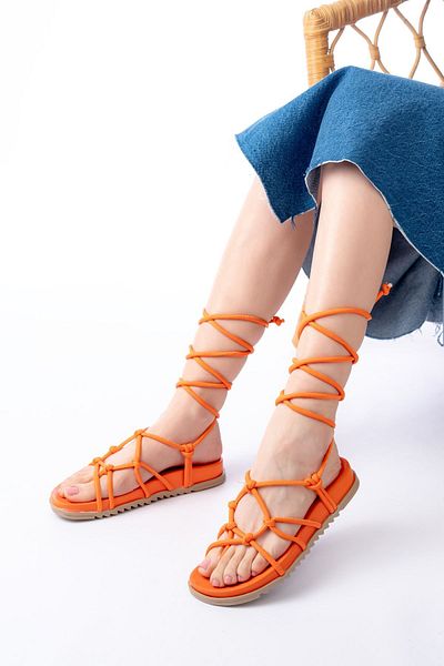 serkanseyyid 1001-1001 Orange Ankle Lace-Up Women's Sandals