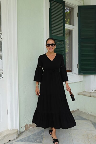 Purple by Banu Siyah V Yaka Kol Detay Elbise