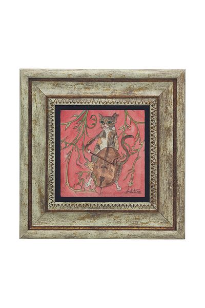 Sadrazam Cat Playing Cello Printed Natural Stone Painting (20 X 20 Krg-172)