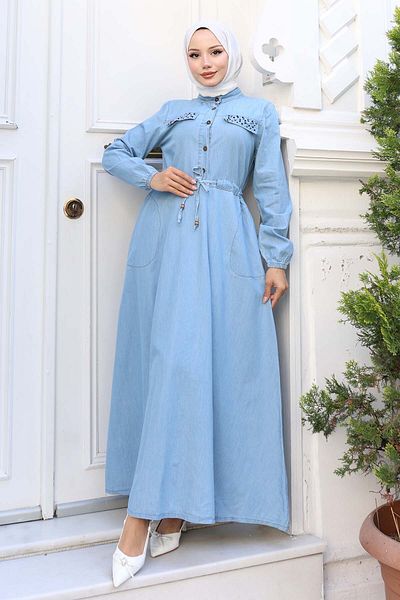 benguen Rochie din denim cu buzunare cu detaliu de piatră, albastru gheață 6768