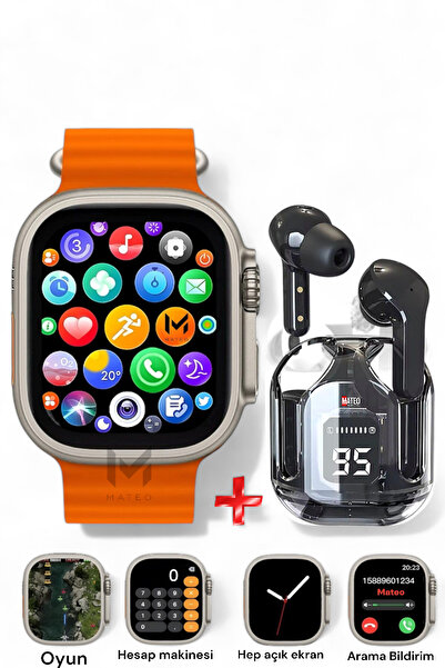 MATEO Akıllı Saat Watch Ultra 45mm ve Bluetooth Kablosuz Kulaklık Android ios Uyumlu 2 in 1