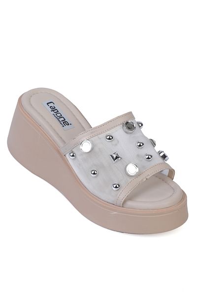 Capone Outfitters Γυναικείες παντόφλες Charlot Wedge Heeled Γνήσιο Δερμάτινο Stone Mesh Comfort