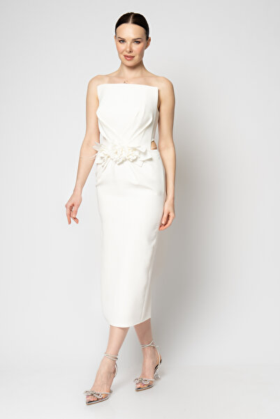 RENGIN Göğüs altı çiçekli belden dekolteli krep abiye elbise