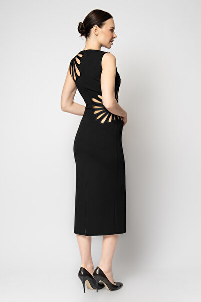 RENGIN Beli ve yakası lazer çiçek kesimli krep abiye elbise