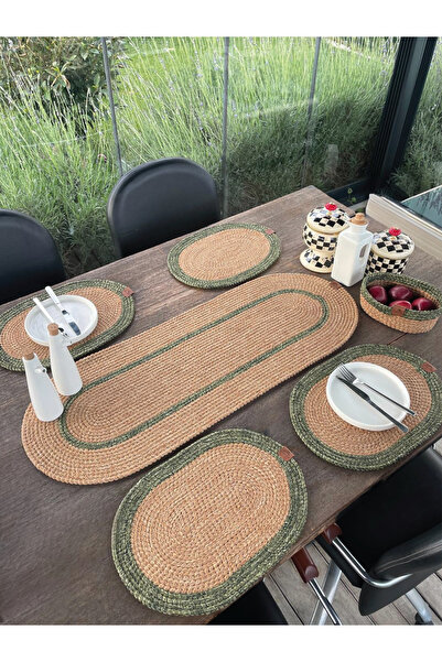 home inn Doğal İp - Leke Tutmaz 6’lı Masa Takımı | 4 Amerikan Servis, 1 Runner, 1 Sepet - Şık Sofra Seti