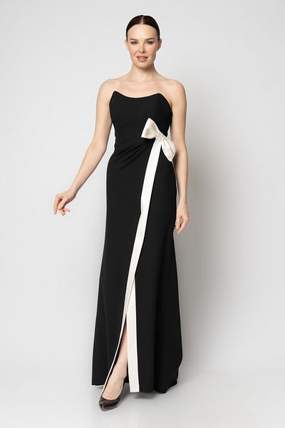 RENGIN Satin Stripe Detail Crepe Evening Dress with Ribbon Waist