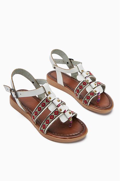 Limoya Genuine Leather Heam White Ethnic Patterned Sandals