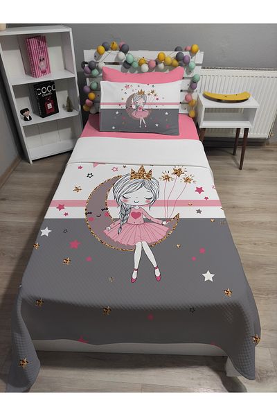 yok yok evim eve dair her şey 4 Piece Girl Sitting on the Moon Patterned Single Pi̇ke Bedspread Set with Elastic Sheets