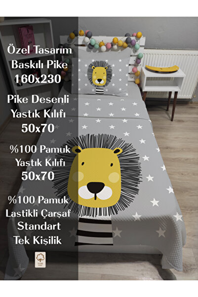 yok yok evim eve dair her şey 4 Piece Cute Lion Patterned Single Pique Bedspread Set with Elastic Sheets