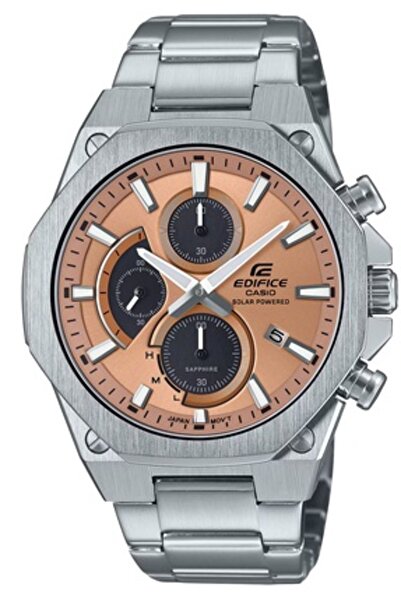 Casio ساعة إيديفيس للرجال كرونوغراف تعمل بالطاقة الشمسية بتصميم رفيع مع كريستال ياقوتي - EFS-S570D-5AUDF